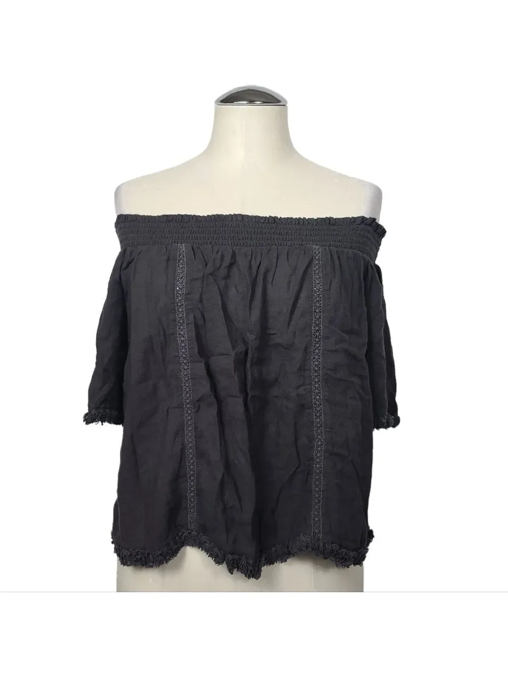 Aerie Off Shoulder Smocked Frayed Fringe Top M